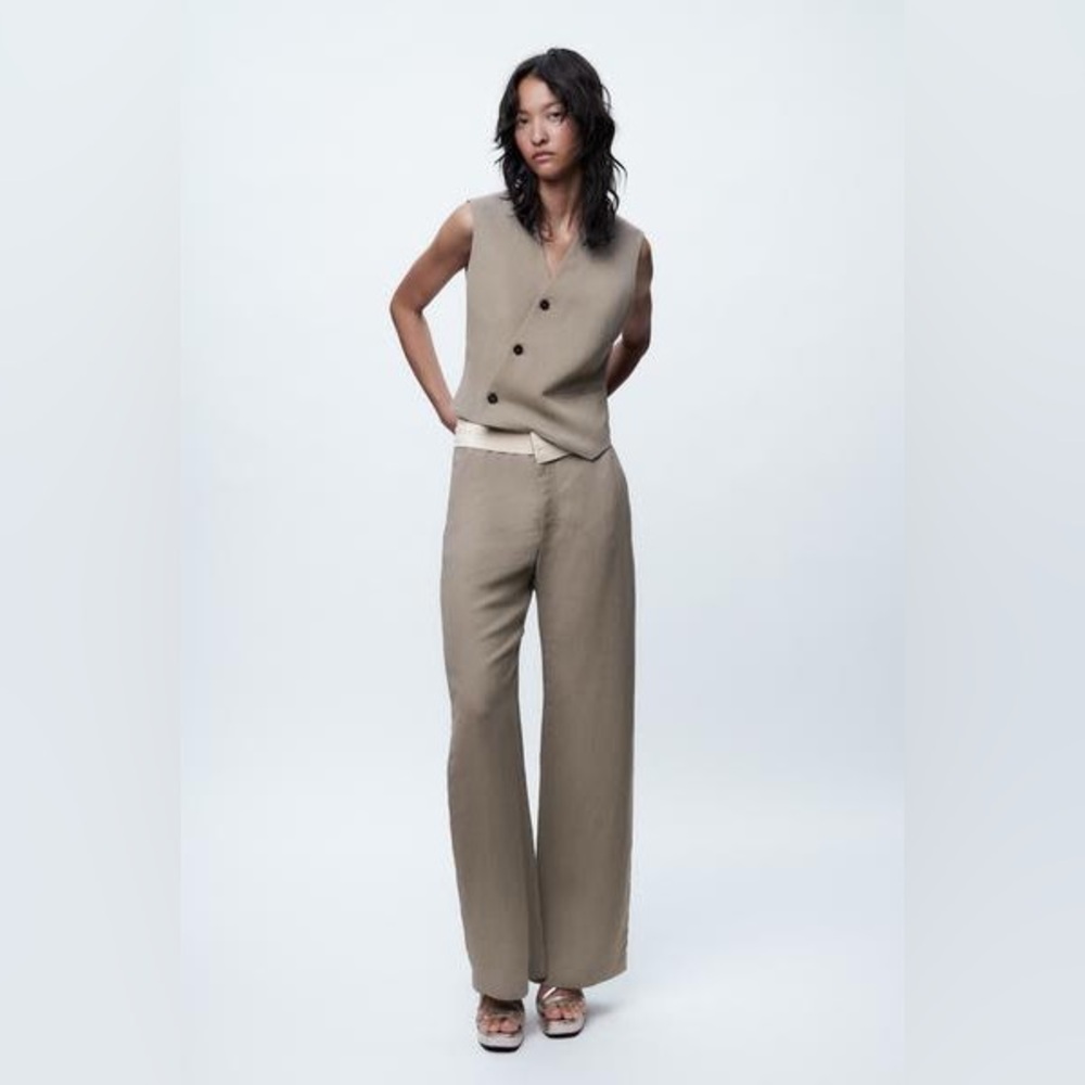 New Zara SET Asymmetric Vest Top & Matching Pant Taupe Linen Limited Edition